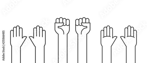 Fists hands up vector illustration. Concept of unity, revolution, fight, cooperation. Flat outline design.