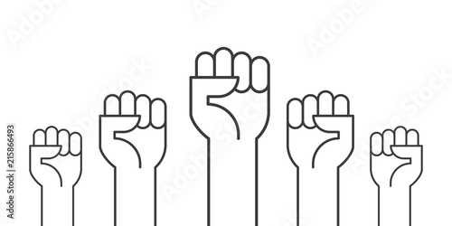 Fists hands up vector illustration. Concept of unity, revolution, fight, cooperation. Flat outline design.