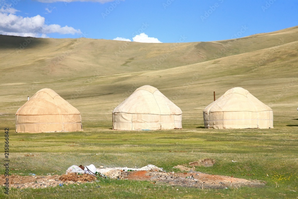 The ger camp in a large meadow at Song kul lake ,  Naryn of Kyrgyzstan