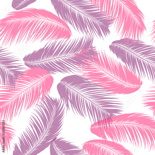 Tropical Palm Tree Leaves. Vector Seamless Pattern. Simple Silhouette Coconut Leaf Sketch. Summer Floral Background. Pink Wallpaper of Exotic Palm Tree Leaves for Textile, Fabric, Cloth Design, Print.