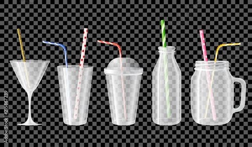 Set of empty cups, jars , bottles, glasses for cocktails, juices and smoothies