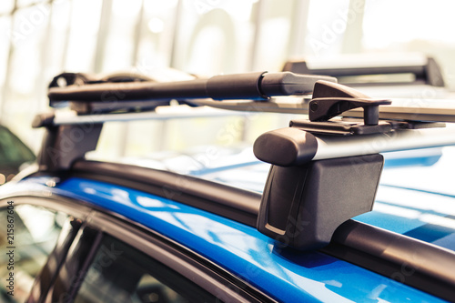 Car roof rack. Modern car. Blue car. Close-up