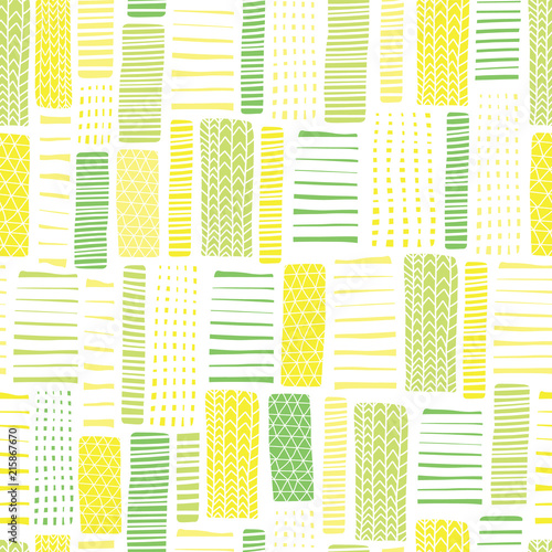 Seamless vector geometrical pattern with abstract rectangles. White green yellow hand drawn endless background with hand drawn textured geometric figures. Graphic illustration. Doodle pattern