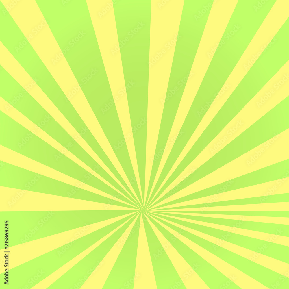 Pop art background, the rays of the sun green color turns into yellow. Circles, balls of different shapes. Vector