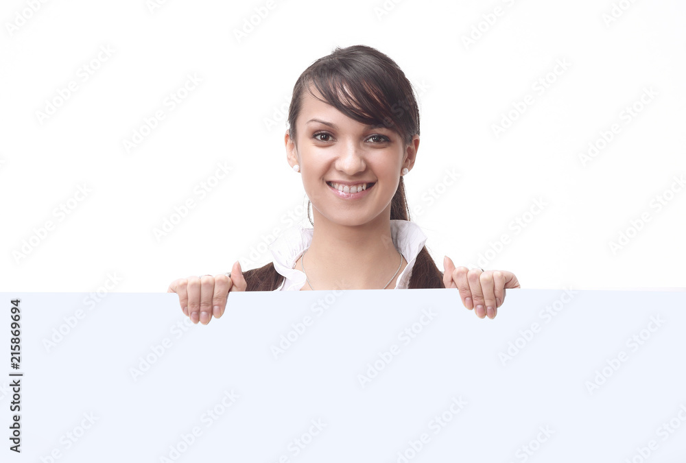 successful young business woman showing blank banner successful young business woman showing blank banner