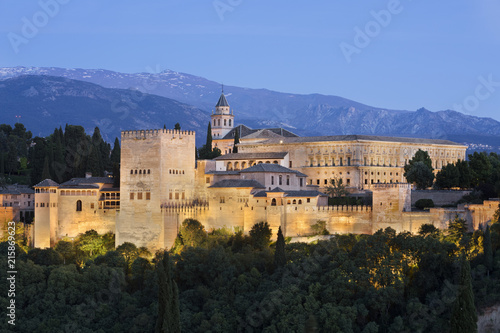 The Alhambra, and Sierra Nevada mountains from Mirador de San Nicolas, Granada, Andalucia, Spain
