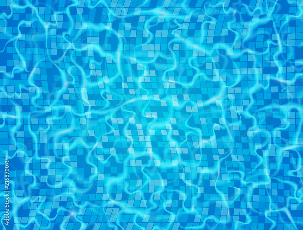 Swimming pool with ripple and waves. Blue ceramic tile mosaic in swimming pool. Water surface. Vector illustration