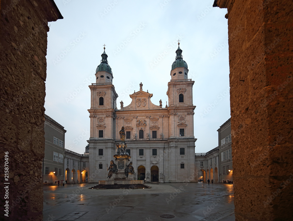 Salzburg cathedral and its square at twilight