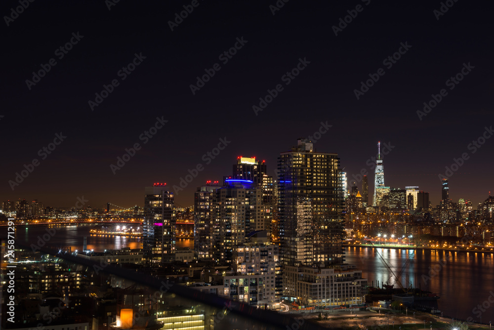 Skyline of downtown Manhattan by night, New York, United States of America