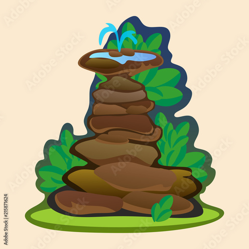 Part from Set of outdoors fountain for gardening, spring and summer plants around garden waterfall, autumn back yard decorative stone statue vector illustration