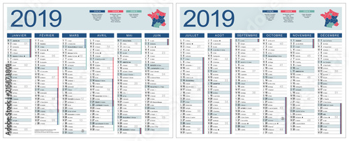 CALENDRIER 2019 VECTORISÉ (base pour 265x210mm recto-verso) lunes, fêtes, jours fériés, vacances, chang. heure, 14 calques, ech1