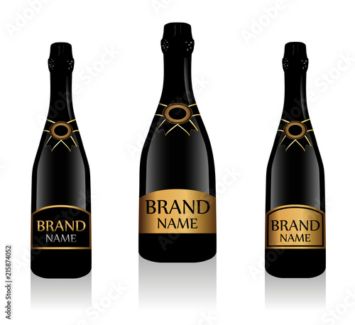 Black champagne bottle or sparkling wine with label. Glass bottle collection isolated on white background. Vector illustration.
