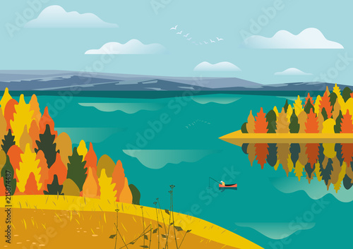 Autumn nature landscape. Colorful minimal cartoon. Fall season banner background. Fishermen on calm river water, yellow autumn hill. Alps mountain valley lake scenic view. Outdoors vector Illustration