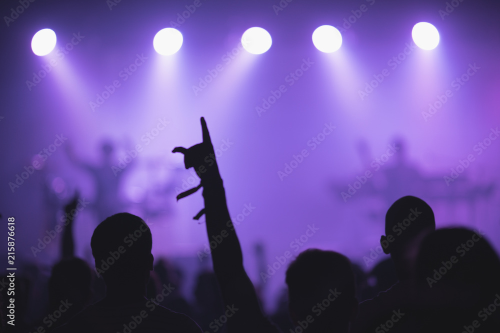 Sillhouettes of concert crowd in front of bright stage lights