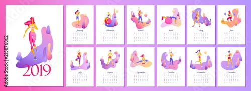 2019 Female monthly fitness calendar New Year 2019 in trendy gradient design with illustrations of beautiful slender girls performing exercises Vector illustration