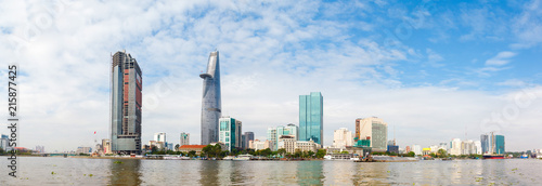 skyscrapers business center in Ho Chi Minh City on Vietnam Saigon on background blue sky. view of the business center from the river