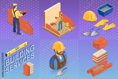 Home repair isometric template. Builder with tools.