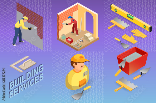 Isometric interior repairs concept. Builder is plastering.