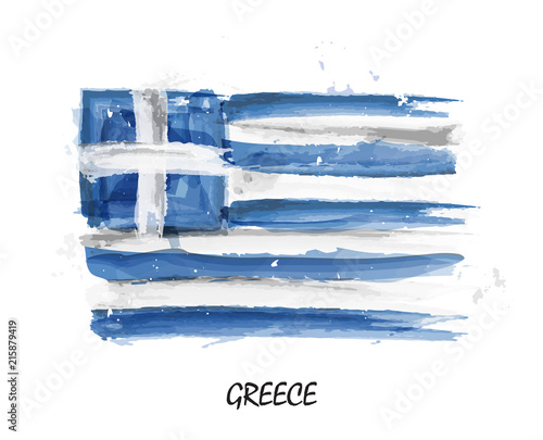 Realistic watercolor painting flag of Greece . Vector