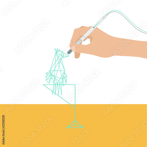 Drafting with 3D pen. A hand drafting a bird model with the use of a modern technology. Vector illustration of 3D pen.