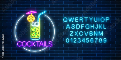 Neon cocktail glass sign in circle frame with alphabet. Glowing symbol of glass with alcohol shake.