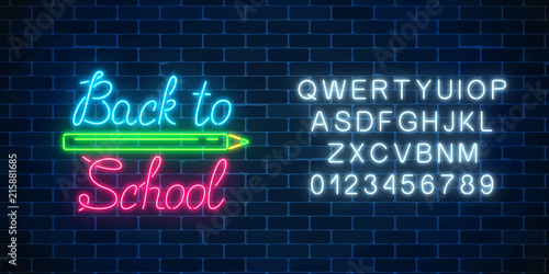 Neon banner with back to school greeting text. Design of leaflet, flyer with pencil and alphabet. Glowing neon sign