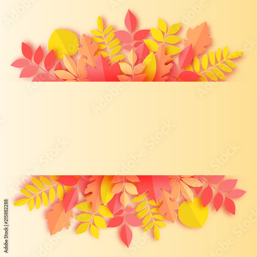 Paper autumn maple  oak and other leaves pastel colored background. Trendy origami paper cut style