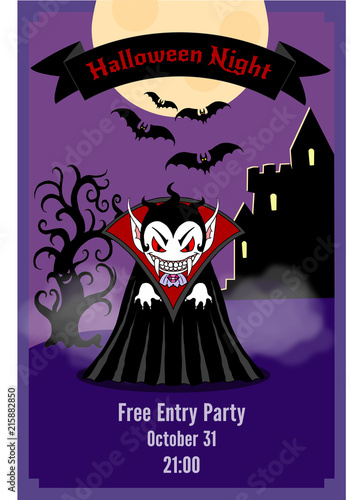 Halloween party flyer with Dracula. Illustration of vampire man cartoon character Dracula in a predatory pose with a gloomy landscape. For flyer or invitation card