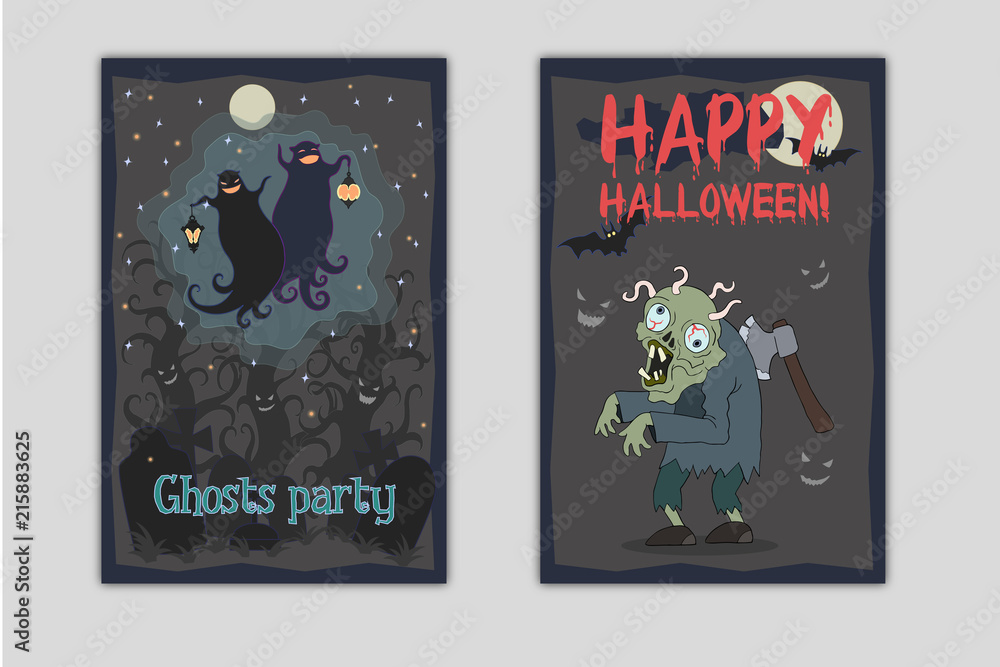 Obraz premium Halloween party flyers. Vector illustrations of two dancing funny ghosts with small lanterns in hands on a cemetery and zombie with axe in his back and worms in brain