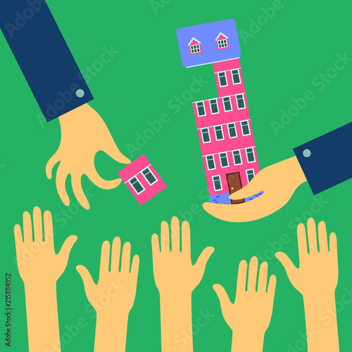 Vector flat concept of real estate. Agent sells or rent an apartment in a multi-storey building