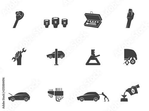 Car repair icons in black and white. Automotive vehicle maintenance service. Vector illustrations.