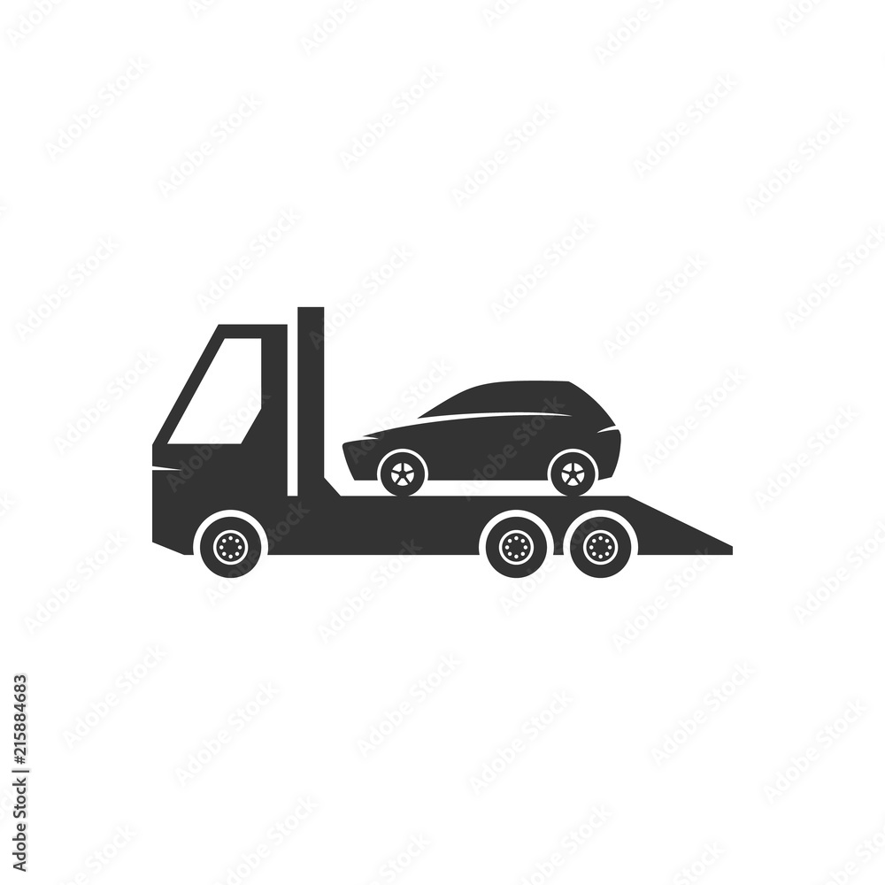 Car towing icons in black and white. Automotive vehicle maintenance service. Vector illustrations.