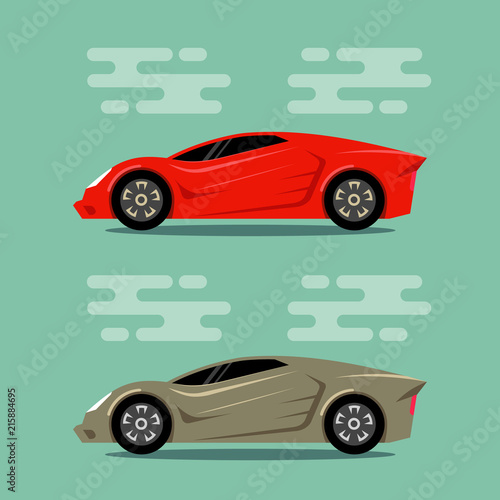 Sport cars in flat color style. Red gold roadster icons. Vector illustrations.