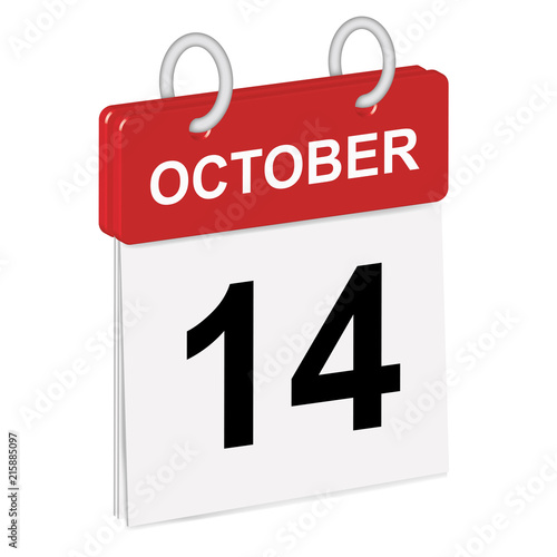Daily single-leaf calendar, red spine, 3d, month of October,fourteenth day,14th.Vector,illustration