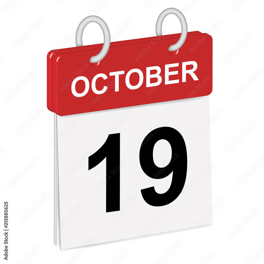 Daily single-leaf calendar, red spine, 3d, month of October,nineteenth day,19th.Vector,illustration Daily single-leaf calendar, red spine, 3d, month of October,nineteenth day,19th.Vector,illustration