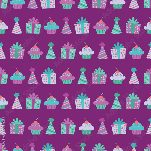Vector Purple Birthday Items Seamless Pattern Background