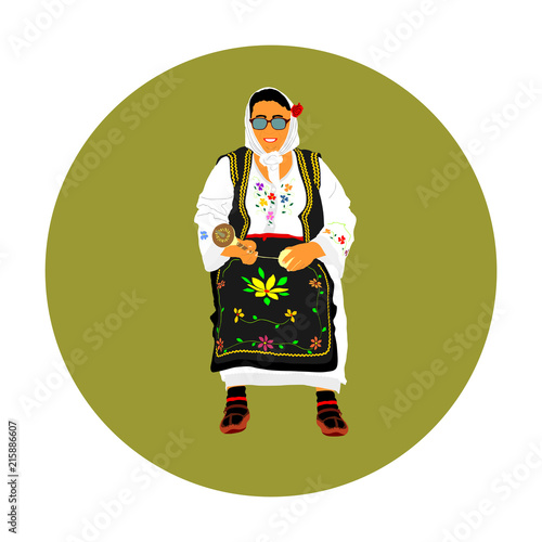 Woman in traditional Serbian dress vector illustration isolated. Serbia wears, Balkan folklore culture illustration. Knitting from a yarn. Knit hobby. Bulgarian national dress. Russian or Poland folkl