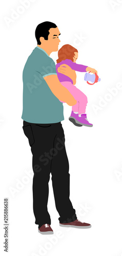 Awkward clumsy father with baby in hand vector illustration. Gawky unhandy young parent with child. Irresponsible confused man with toddler. Imprudent unthinking father carrying baby that spills milk.