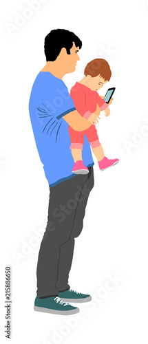 Awkward clumsy father with baby in hand watching in phone vector illustration. Gawky unhandy young parent with child. Irresponsible confused man with toddler. Imprudent unthinking father carrying baby