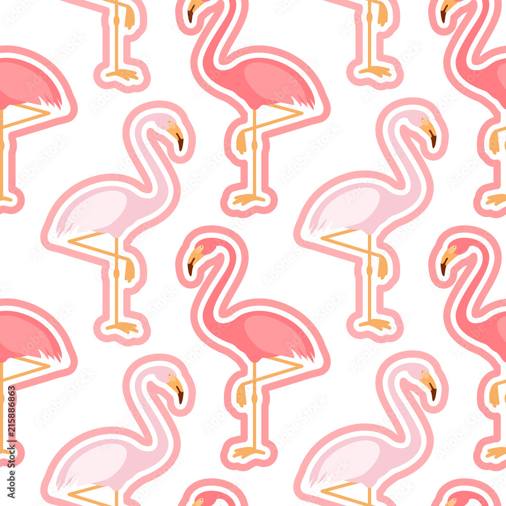 Obraz premium Seamless pattern with pink flamingo, flamingo figure with outline, trend background, vector