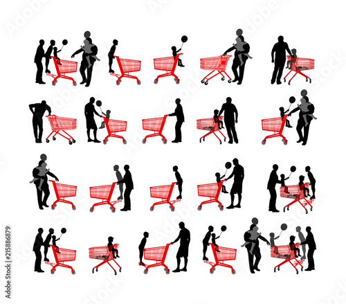 Family doing everyday grocery shopping with shopping basket at supermarket, vector isolated. Man and woman with kids usual after work with consumer bag buy food and another goods. Empty shopping cart.