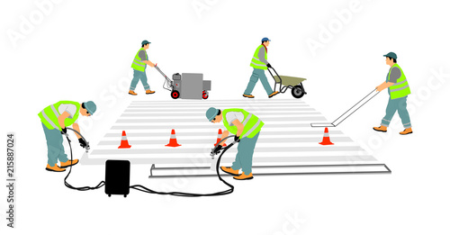 Road construction worker painting zebra crossing sign on city street vector. Technical road man workers painting and remarking pedestrian crossing lines on asphalt surface using paint sprayer gun.