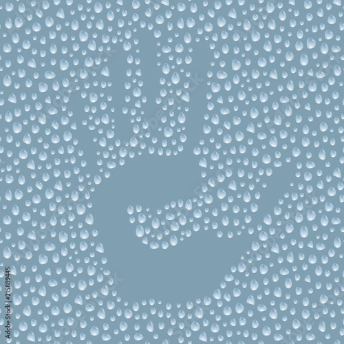 Hand print on steamy surface, hand silhouette stamp on water drops, vector