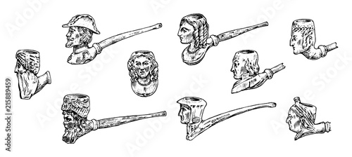 Vintage smoking pipe. Antique prehistoric tobacco for an elegant gentleman. Heads and faces of different people. Engraved hand drawn in old sketch and monochrome style.