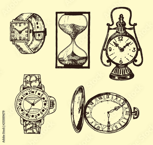 Vintage classic pocket watch, alarm clock, hourglass and dial showing time. Ancient collection elements. Engraved hand drawn old monochrome sketch.