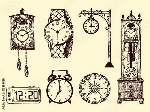 Vintage classic pocket watch, alarm clock, hourglass and dial showing time. Ancient collection elements. Engraved hand drawn old monochrome sketch.
