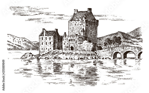 Vintage Castle in Scotland. Graphic monochrome landscape. Engraved hand drawn old sketch. Fortress or tower. Stone citadel. Bridge over the river in the background of the building.
