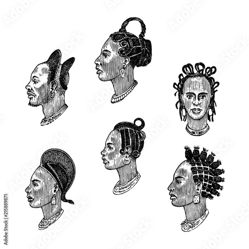 African national male hairstyles. Profile of a man with curly hair. Different Afro Dreadlocks. Ancient faces of people. Portrait Engraved hand drawn old sketch. Southern tribes.