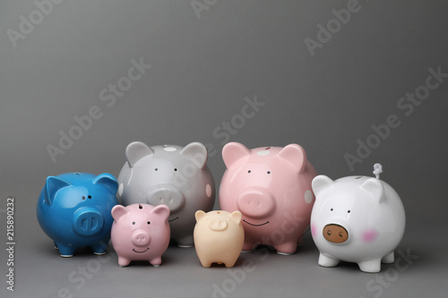 Different cute piggy banks on gray background