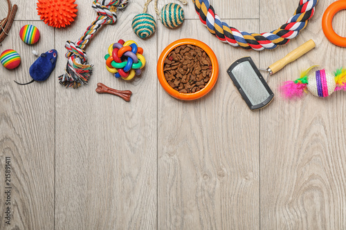 Fototapeta Naklejka Na Ścianę i Meble -  Bowl with food for cat or dog and accessories on wooden background. Pet care